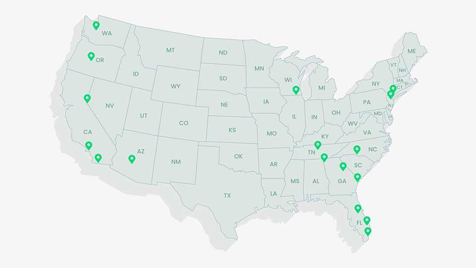 Map of the United States with pins showing the cities in which this takes place