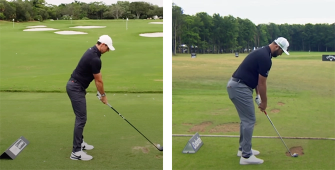 Two different golfers tee'ing up