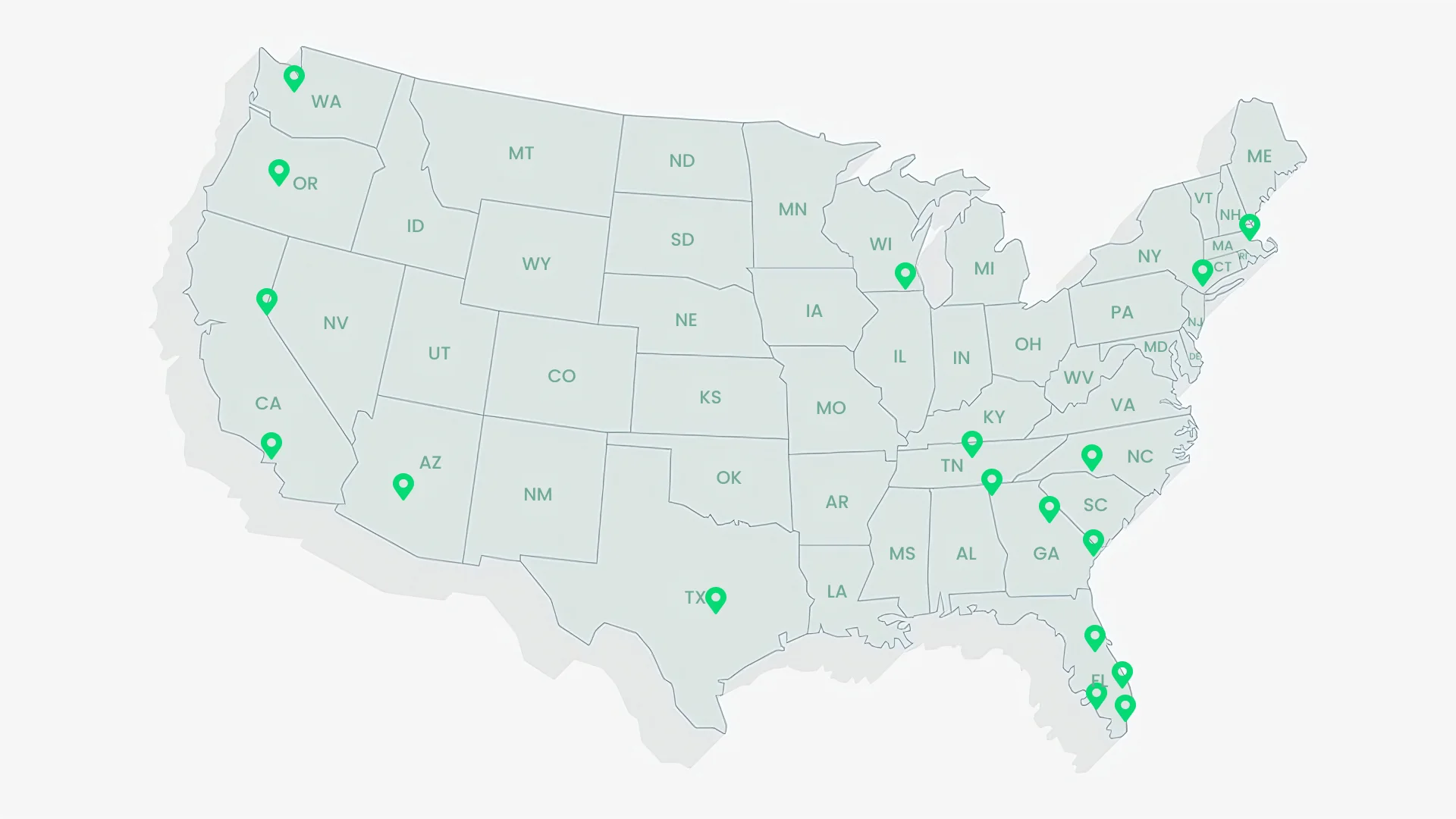 Map of the United States with pins showing the cities in which this takes place
