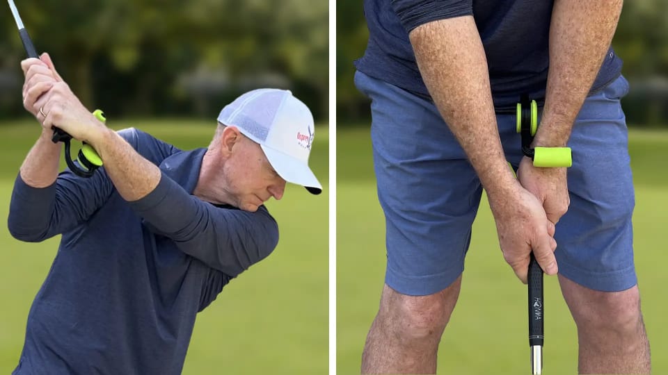 Correct backswing position with the Square Set Swing Trainer. Correct impact/address position with the Square Set Swing Trainer