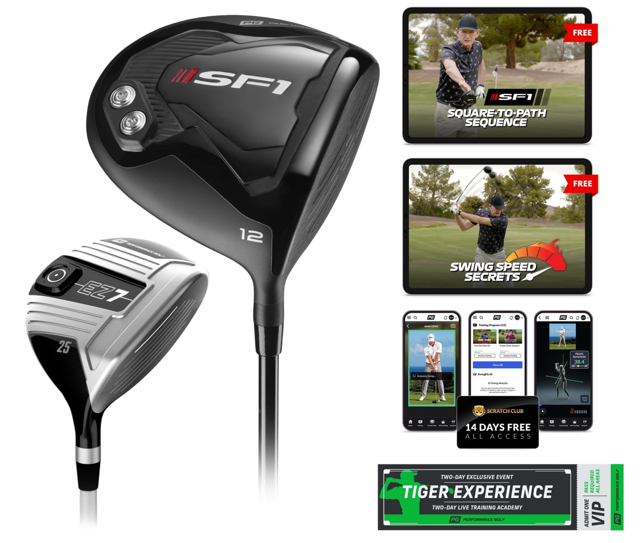 Close up of the SF1 Slice Fix Driver, and EZ7 Slice Fix 7wood. Plus, the digital bonuses included with purchase.