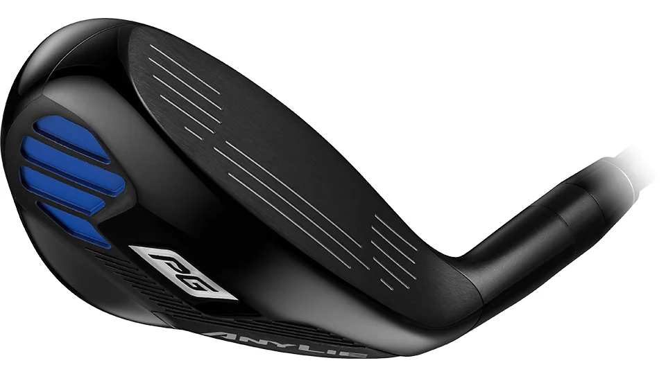 Close up of the AnyLie Hybrid clubhead, detailing Ant-Slice features.