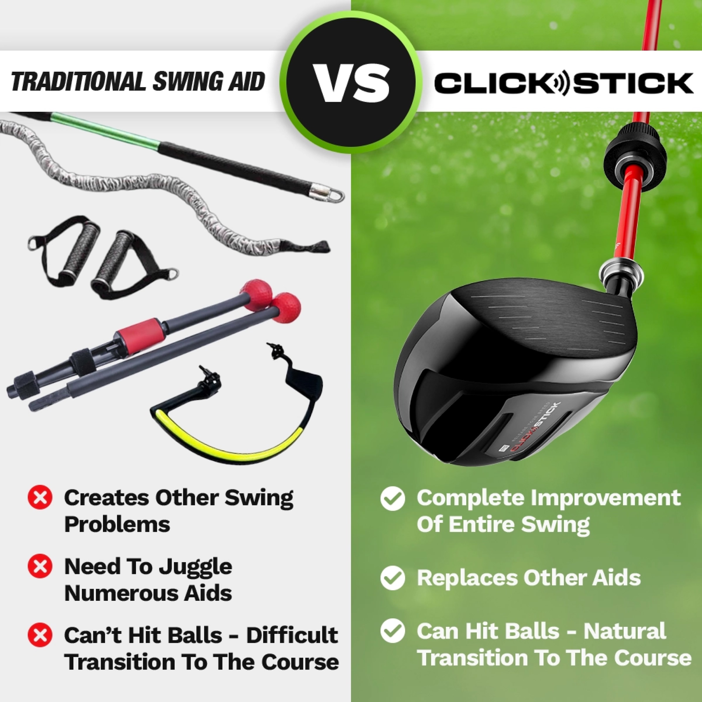 Image compares the differences between the Click Stick Driver and other swing trainers.