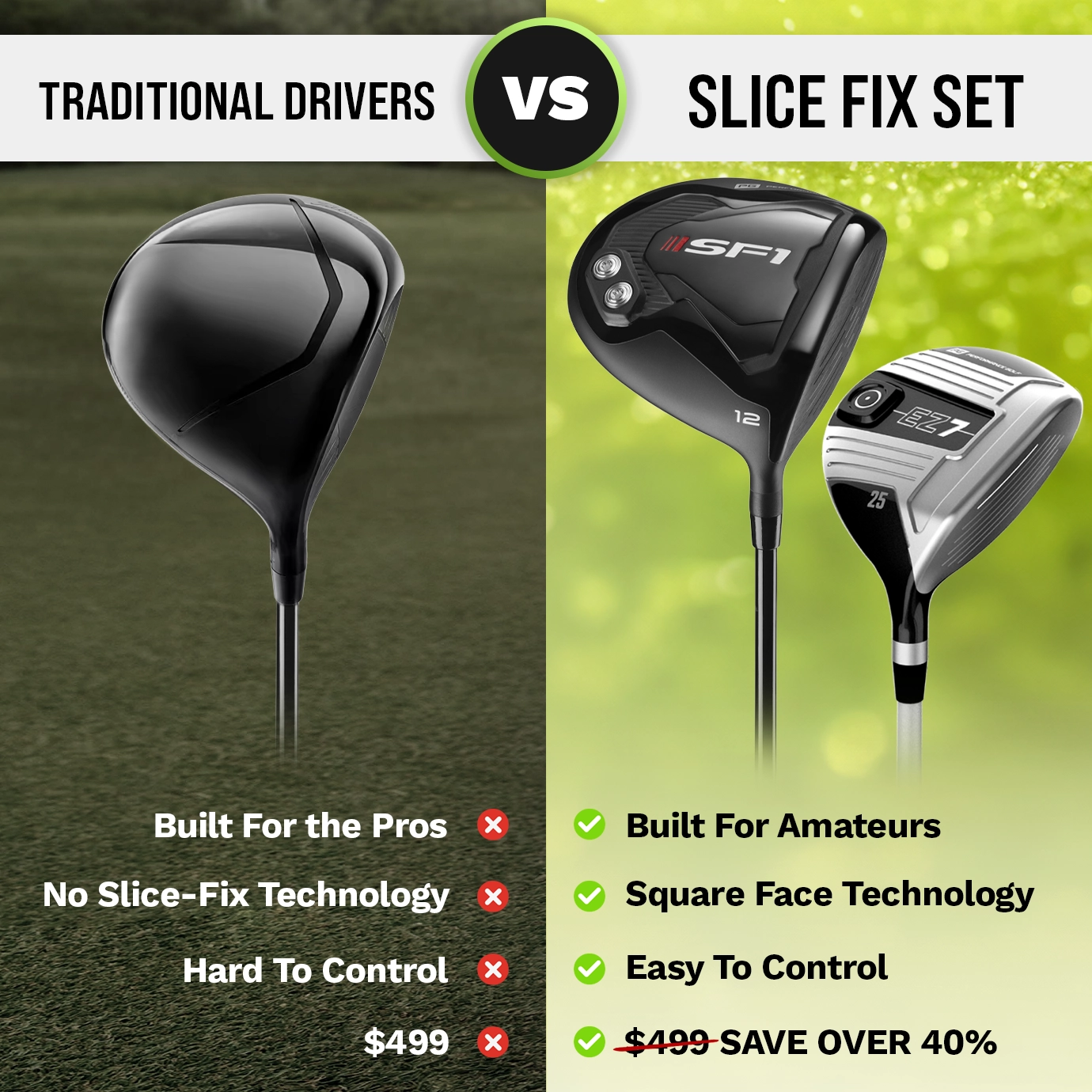 Image shows a side by side comparison of ordinary big brand drivers vs. the SF1 and EZ7, designed for amateurs to fix any slice.