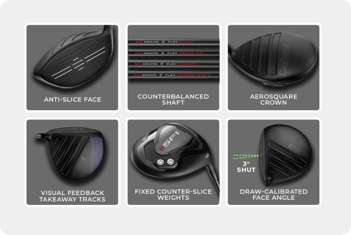 Multiple close up angles, showing various details of the SF1 Slice Fix Driver.