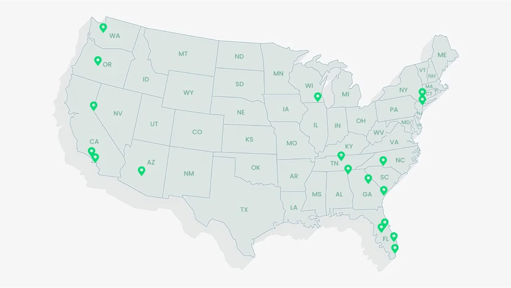 Map of the United States with pins showing the cities in which this takes place